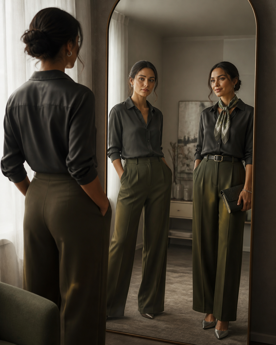 Retrato de Michelle Ruiz con traje blanco, mostrado en gris en el lado de percepción.